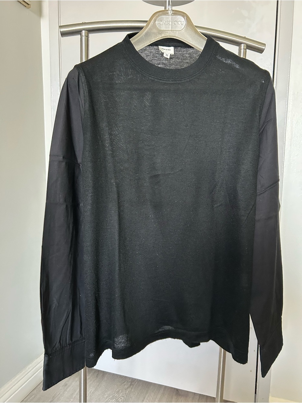 Men's Long Sleeve Black Crewneck Tee with Button Down Dress Shirt Sleeve